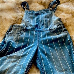 Pinstriped jean overalls